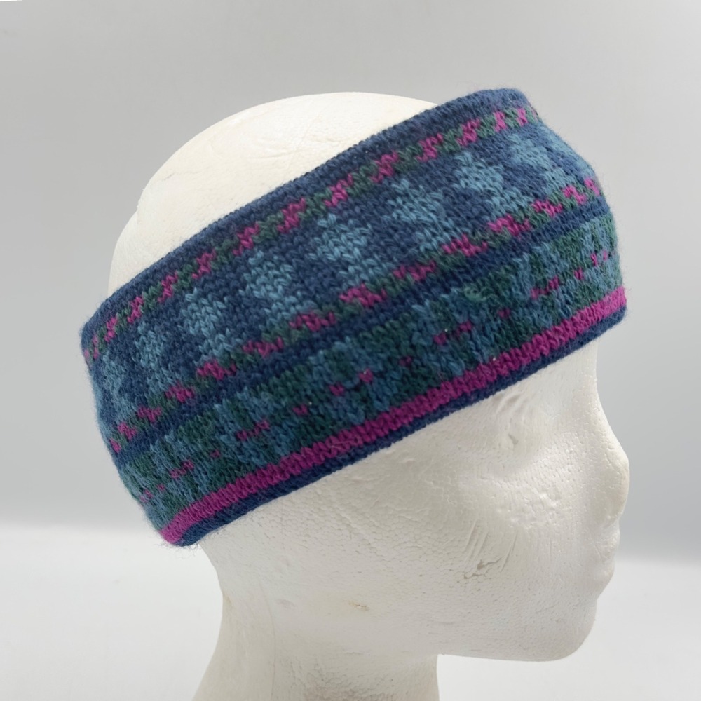 Wool Headband Blue Magenta Fair Isle Knit Canada OS Winter Ear Warmer Nordic